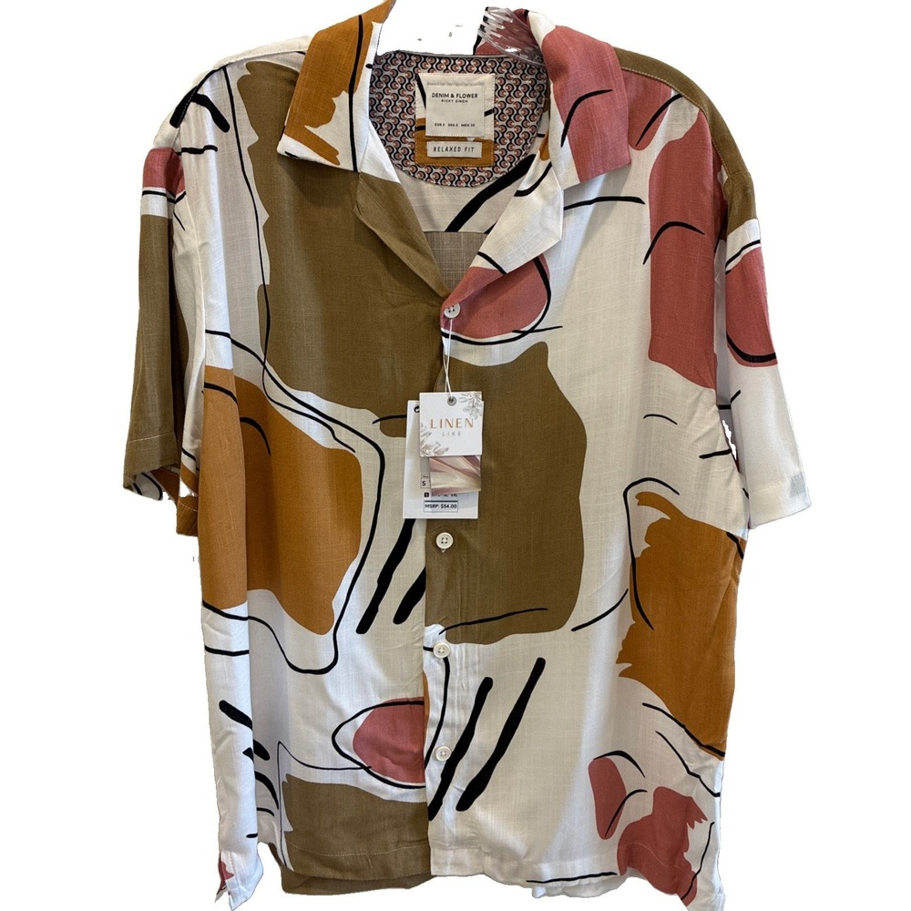 DENIM & FLOWER~ Mens S Relaxed Fit Linen Abstract Multicolor Button Shirt. NWT.